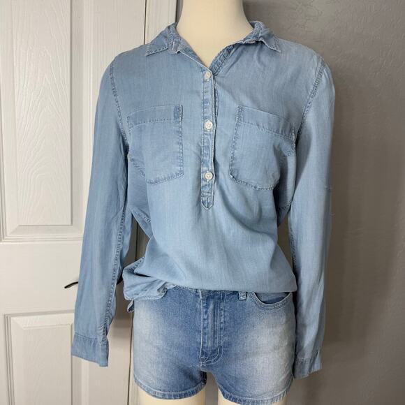 The Perfect Shirt Relaxed Denim Long Sleeve Quarter Button Down Top, Blue, S - Picture 1 of 6